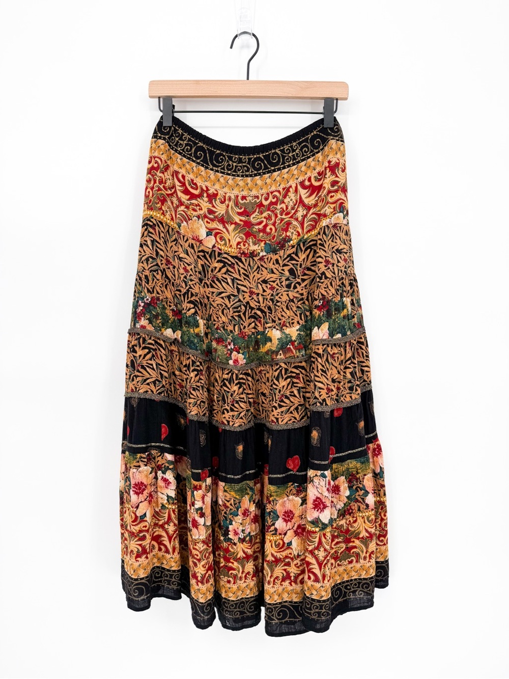 Vintage 90s Carole Little Tiered Maxi Skirt Floral Scroll Boho Cottagecore